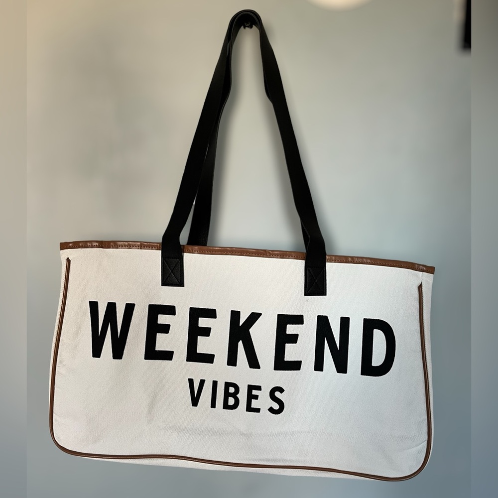 Weekend Vibes White Cotton Canvas Bag 19x12x5 inch